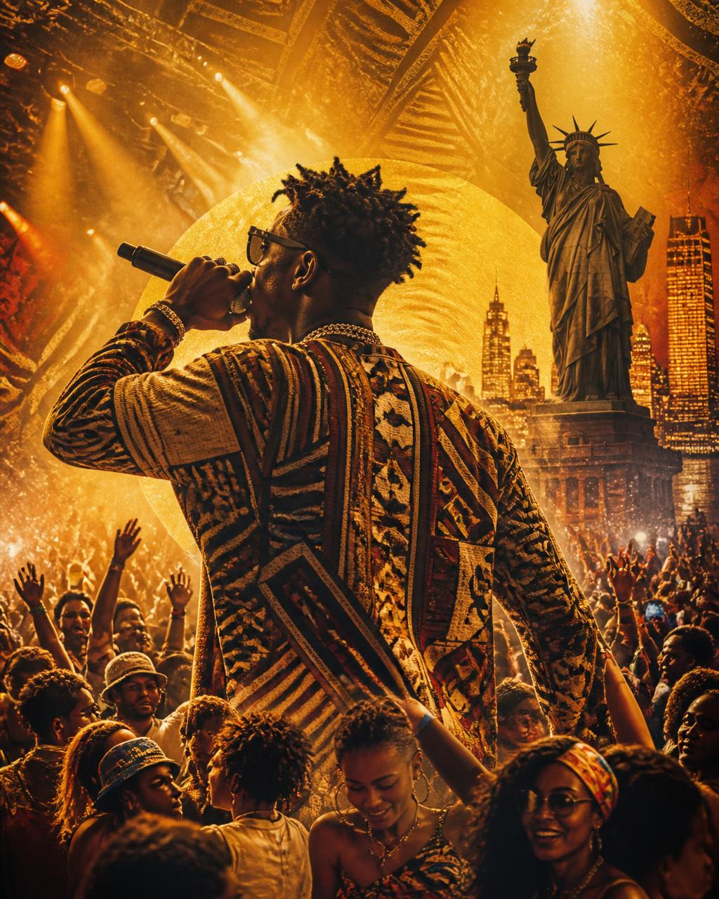 Afrobeats artist mid performance with energetic crowd