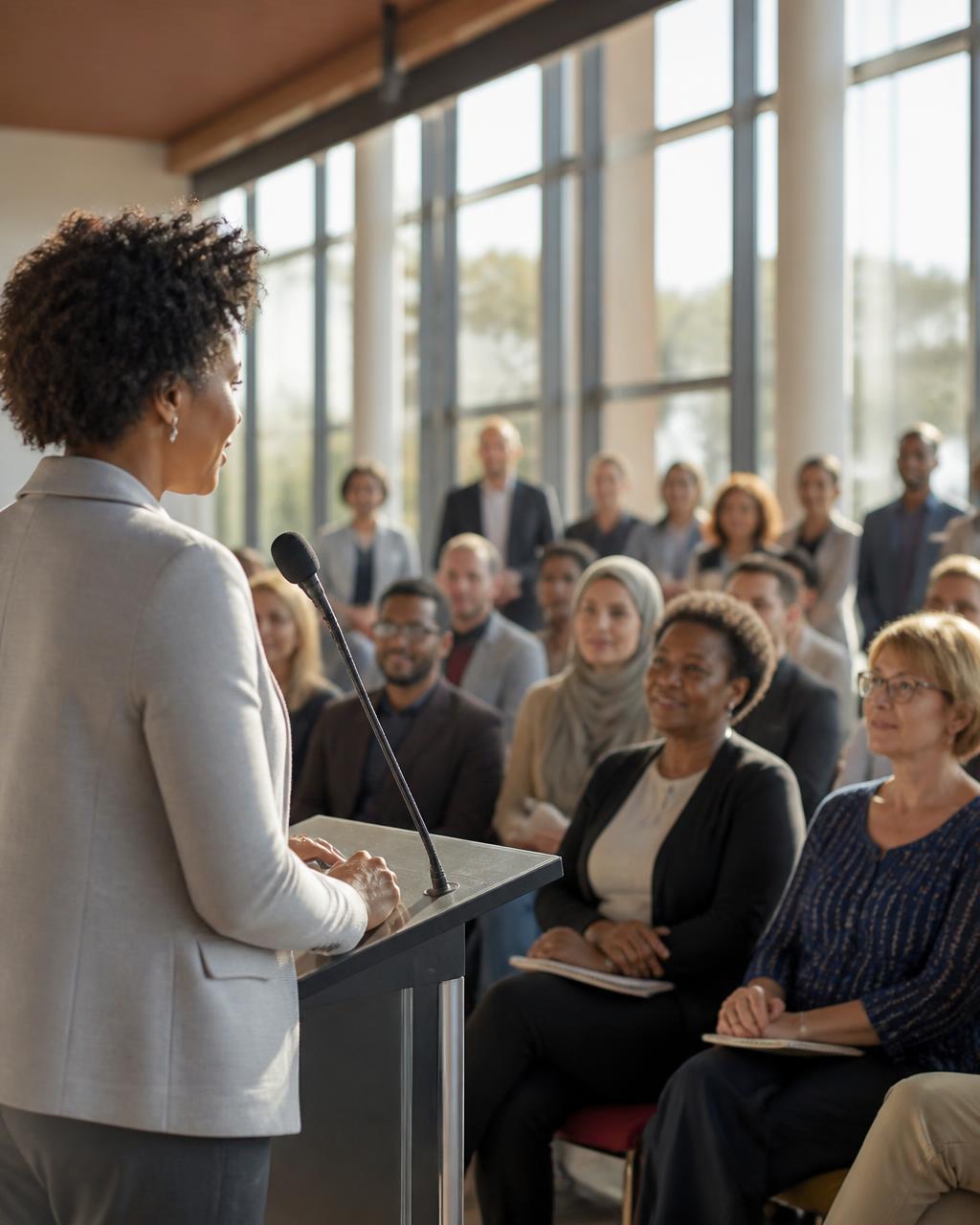 Community strategy session with speaker addressing an audience
